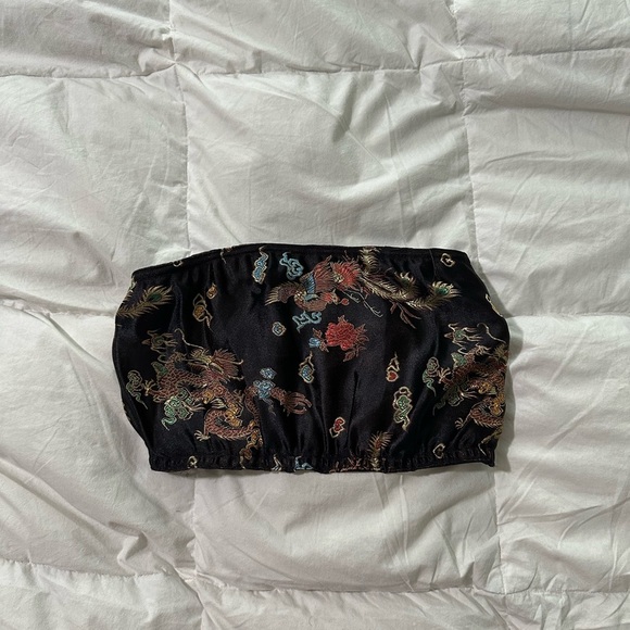 Tops - Women’s Silk Dragon Crop Top Tube Top Small Black Asian Print Phoenix Stretch